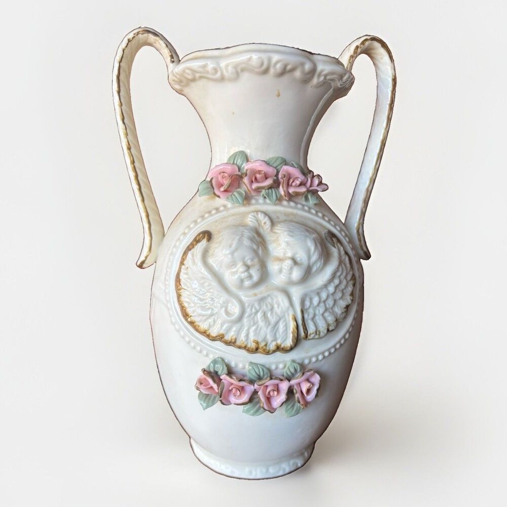 Vintage Two Handled Porcelain Vase with Cherubs Angels Victory Style Jug - ZA10